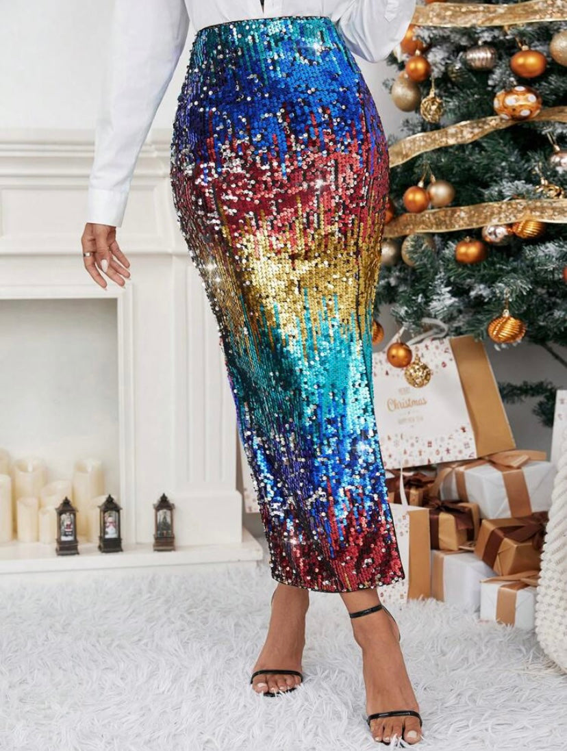 CM-BS831190 Women Elegant Seoul Style High Waist Split Thigh Sequin Skirt