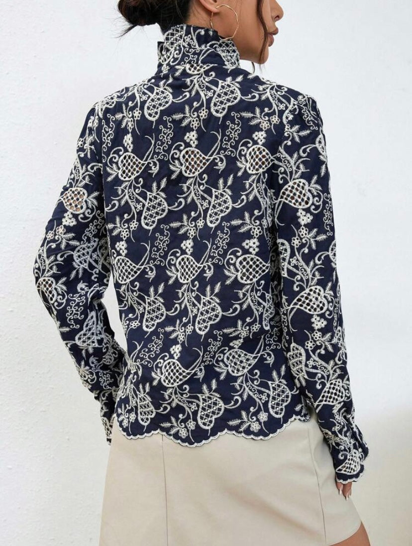 CM-TS271191 Women Trendy Bohemian Style Floral Embroidery Mock Neck Blouse - Navy Blue