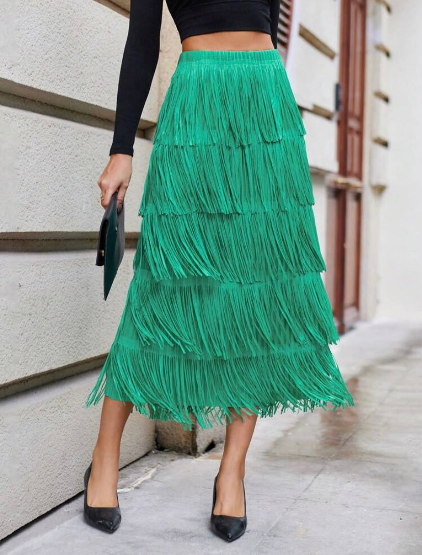 CM-BS960429 Women Elegant Seoul Style Solid Layered Fringe Trim Skirt - Green