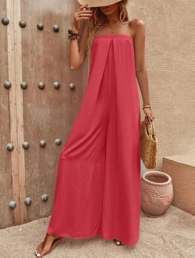 CM-JS852249 Women Trendy Bohemian Style Solid Tie Back Tube Wide Leg Jumpsuit - Red
