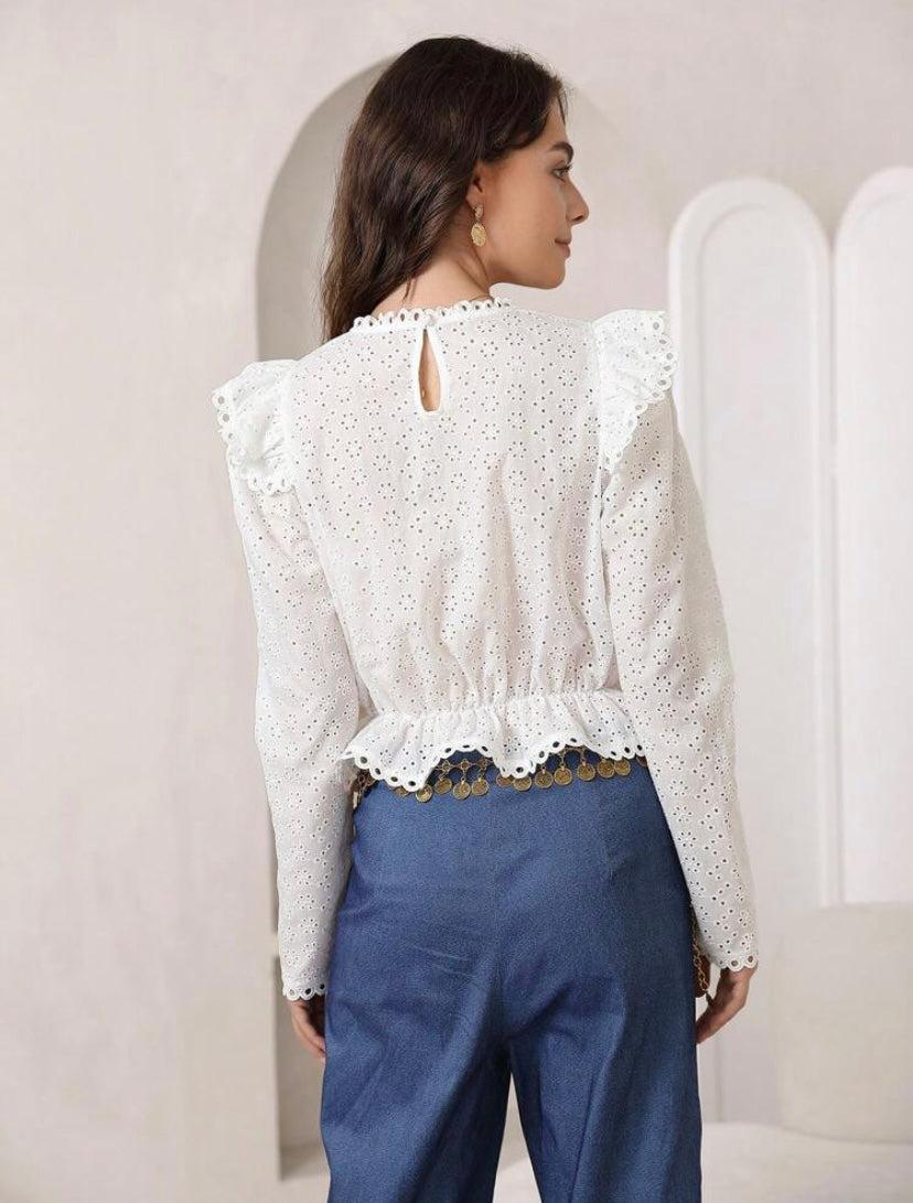CM-TS819169 Women Trendy Bohemian Style Stand Collar Ruffle Trim Schiffy Peplum Top