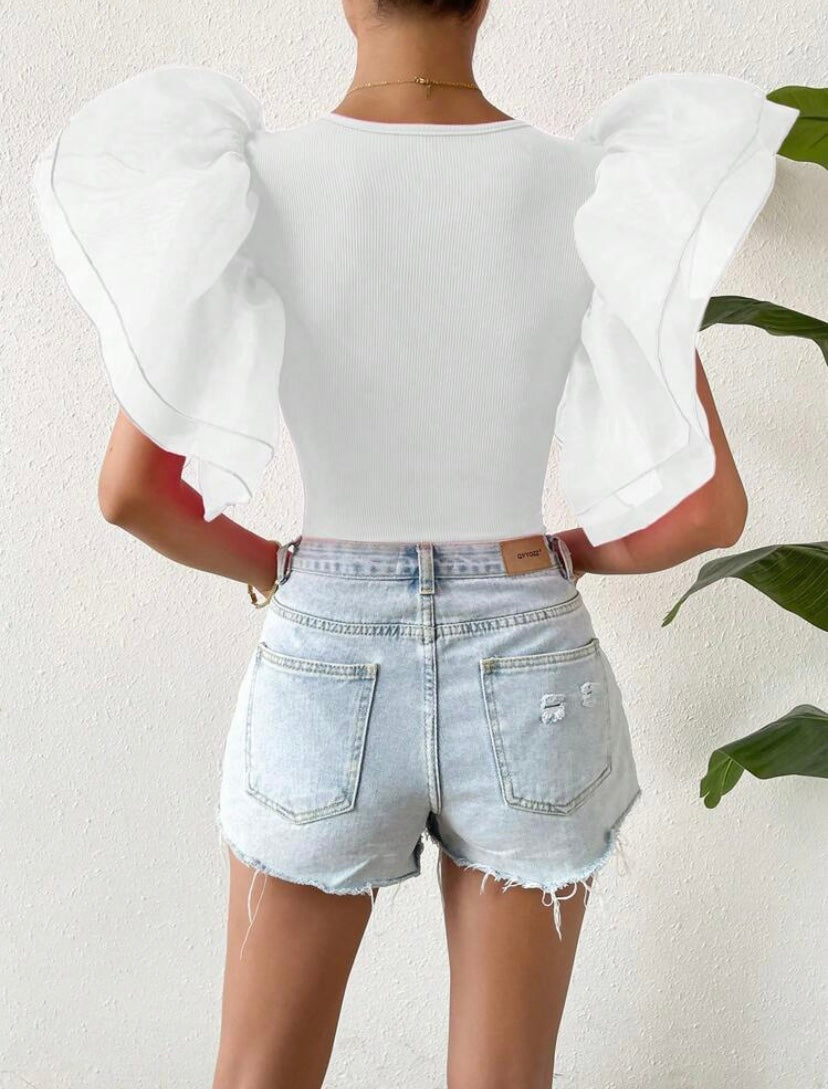 CM-TS317487 Women Casual Seoul Style Contrast Mesh Butterfly Sleeve Bodysuit - White