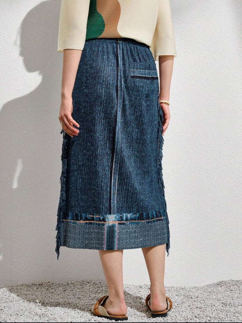 CM-BS552938 Women Casual Seoul Style Fringe Trim Slant Pocket Skirt - Blue