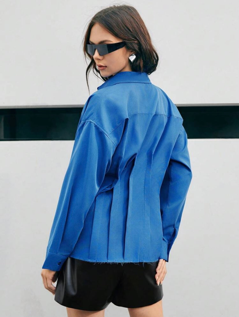 CM-TS002025 Women Elegant Seoul Style Long Sleeve Blouse With Lapel - Blue