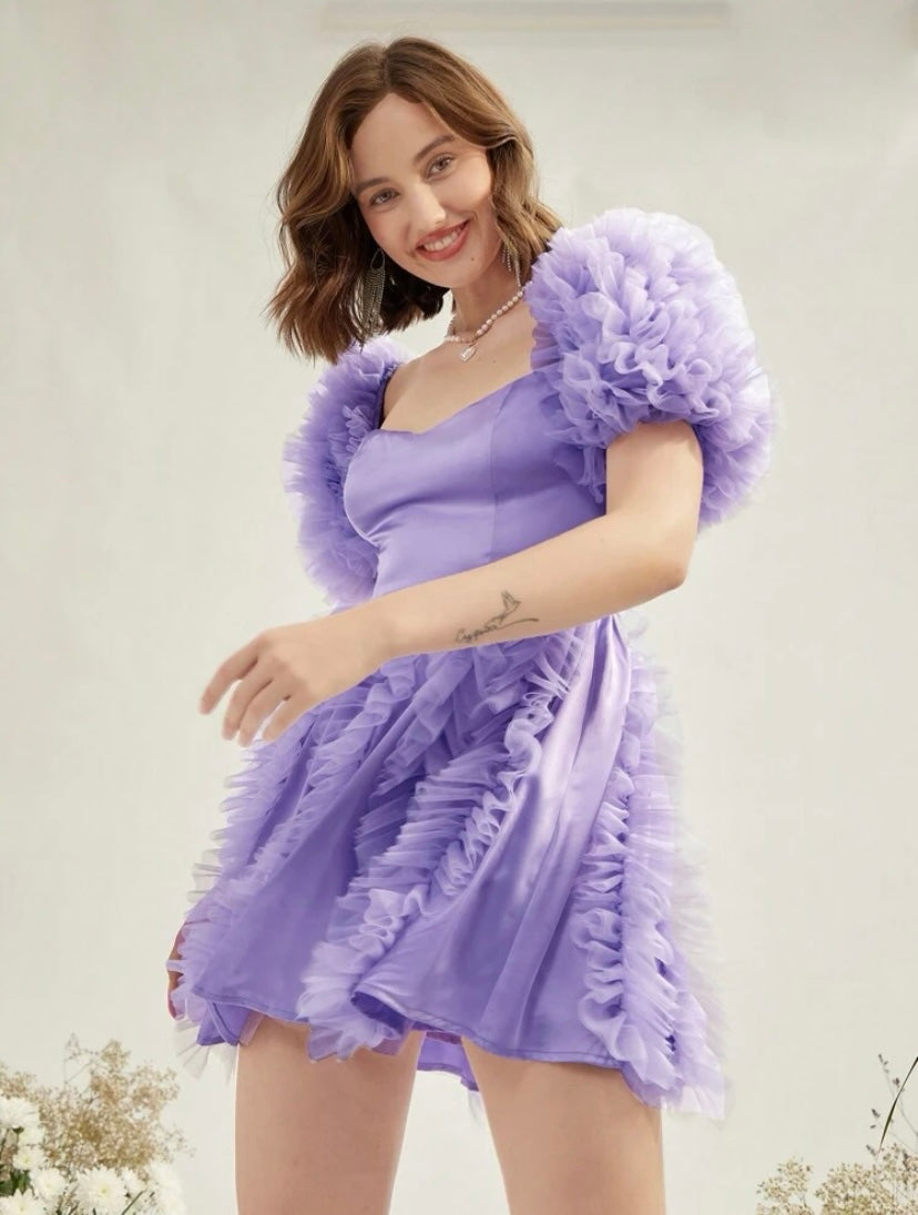 CM-DS365175 Women Elegant Seoul Style Sweetheart Neck Mesh Ruffle Trim Puff Sleeve Dress