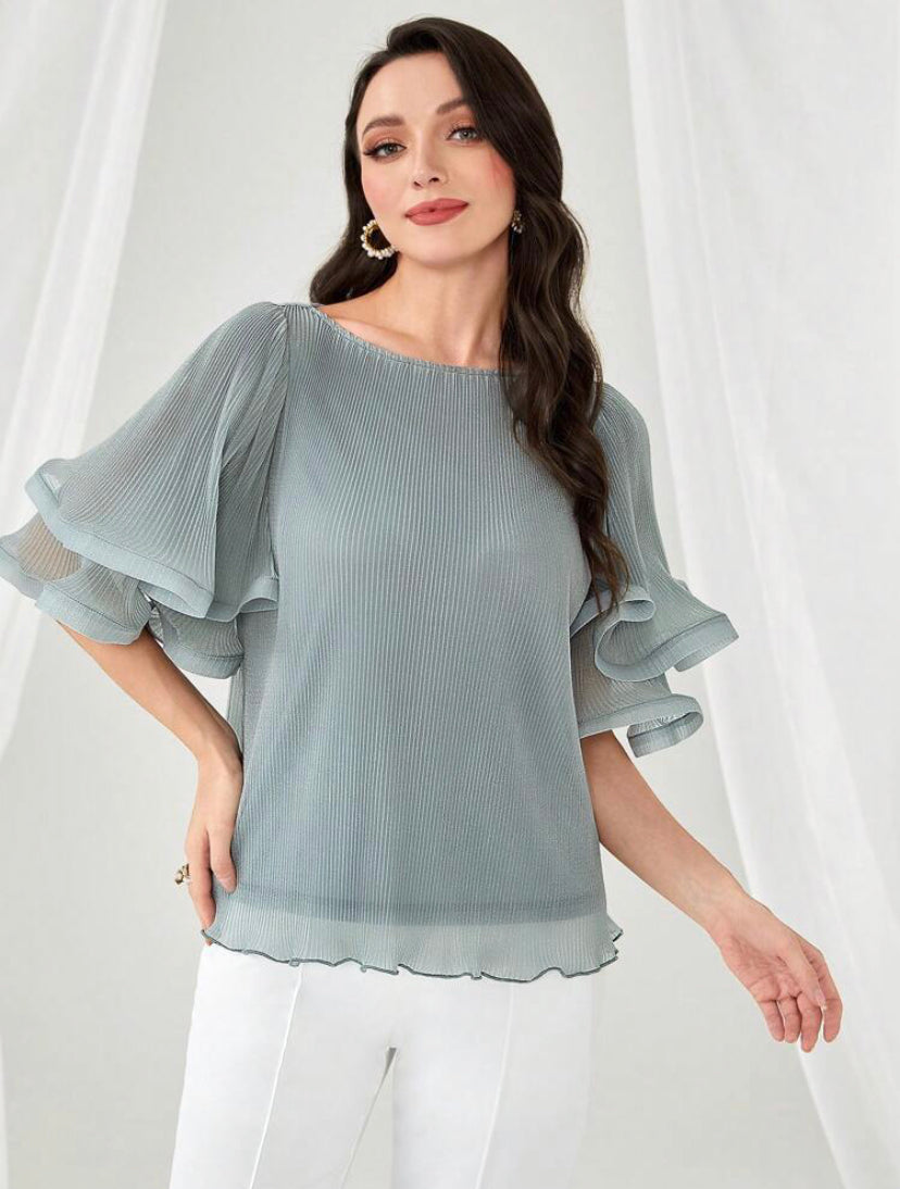 CM-TS277229 Women Elegant Seoul Style Round Neck Solid Flare Sleeve Blouse - Mint Green
