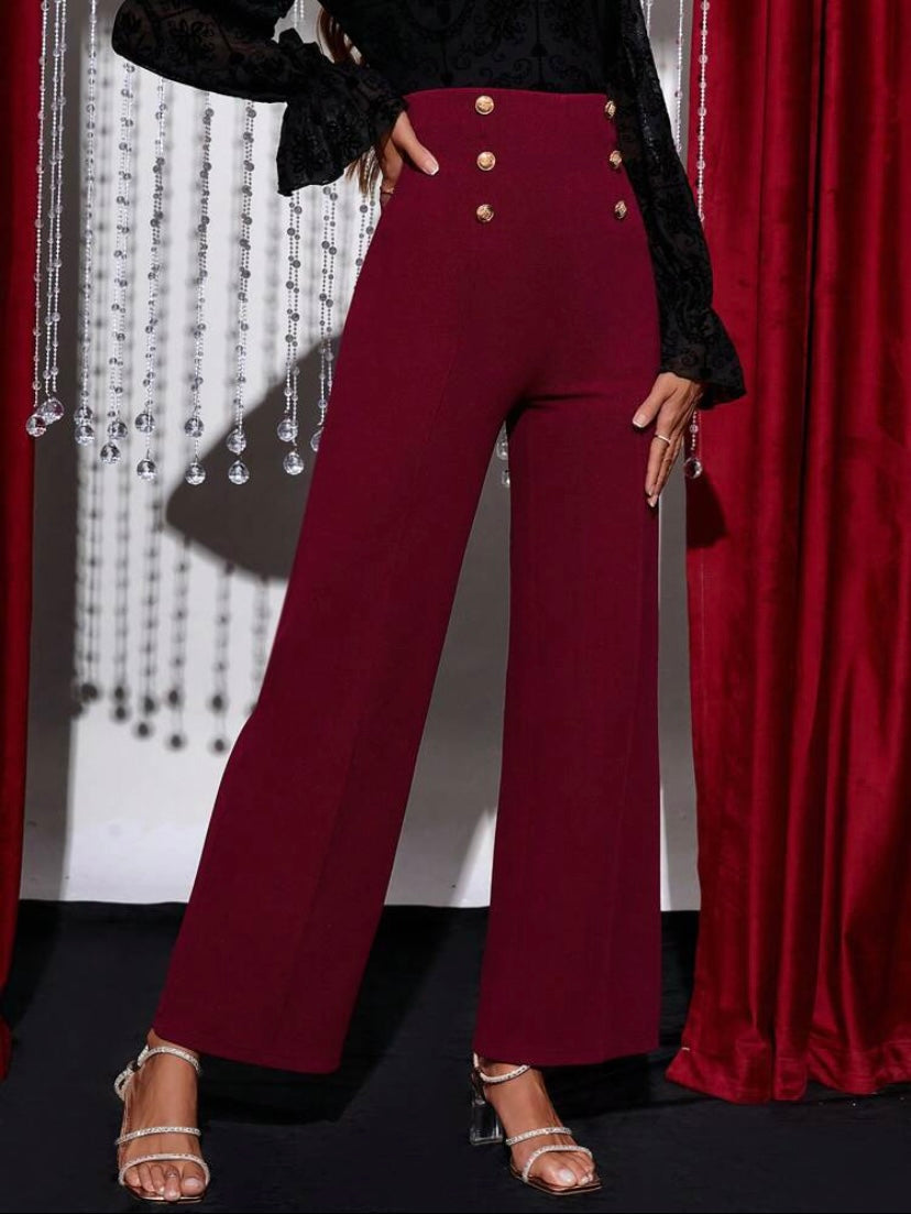CM-BS194531 Women Elegant Seoul Style High Waist Button Detail Flare Leg Pants