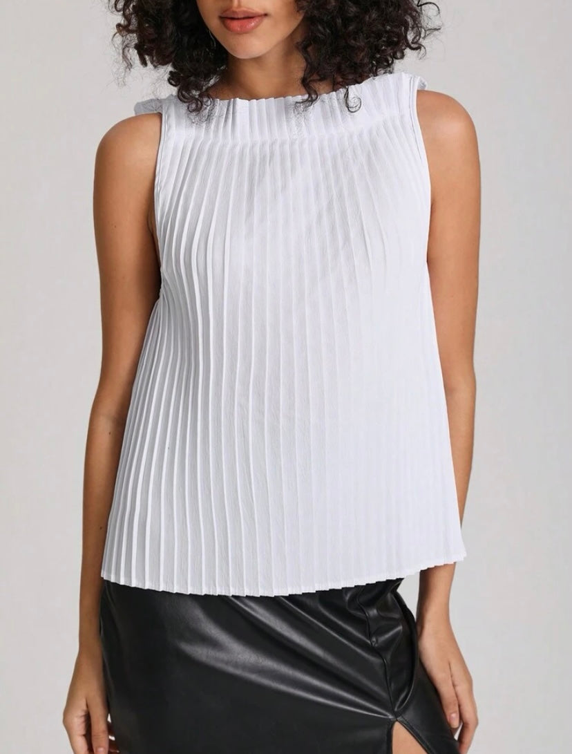 CM-TS756091 Women Casual Seoul Style Solid Pleated Detail Sleeveless Blouse - White