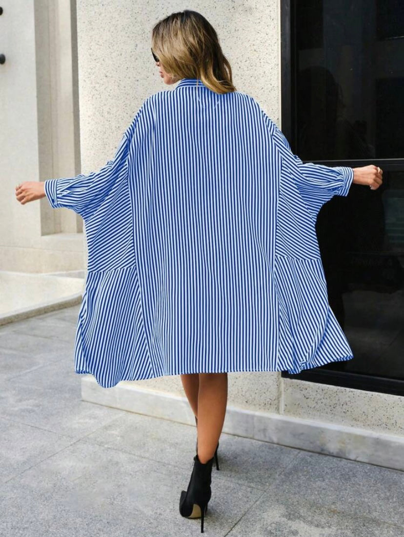 CM-DS880393 Women Casual Seoul Style Striped Print Roll Up Sleeve Button Front Shirt Dress