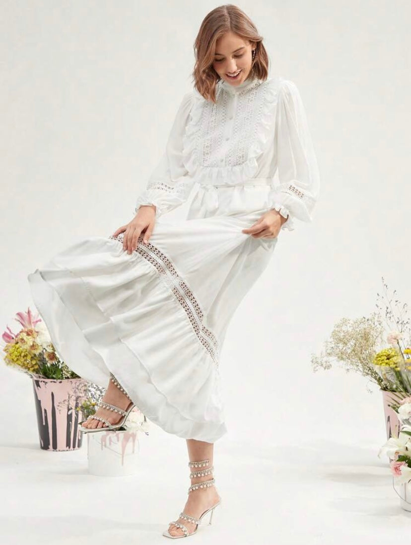 CM-DS130431 Women Elegant Seoul Style Contrast Lace Ruffle Trim Belted Ruffle Hem Dress