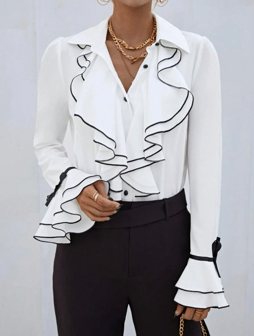 CM-TS615233 Women Elegant Seoul Style Contrast Binding Ruffle Trim Flare Sleeve Shirt