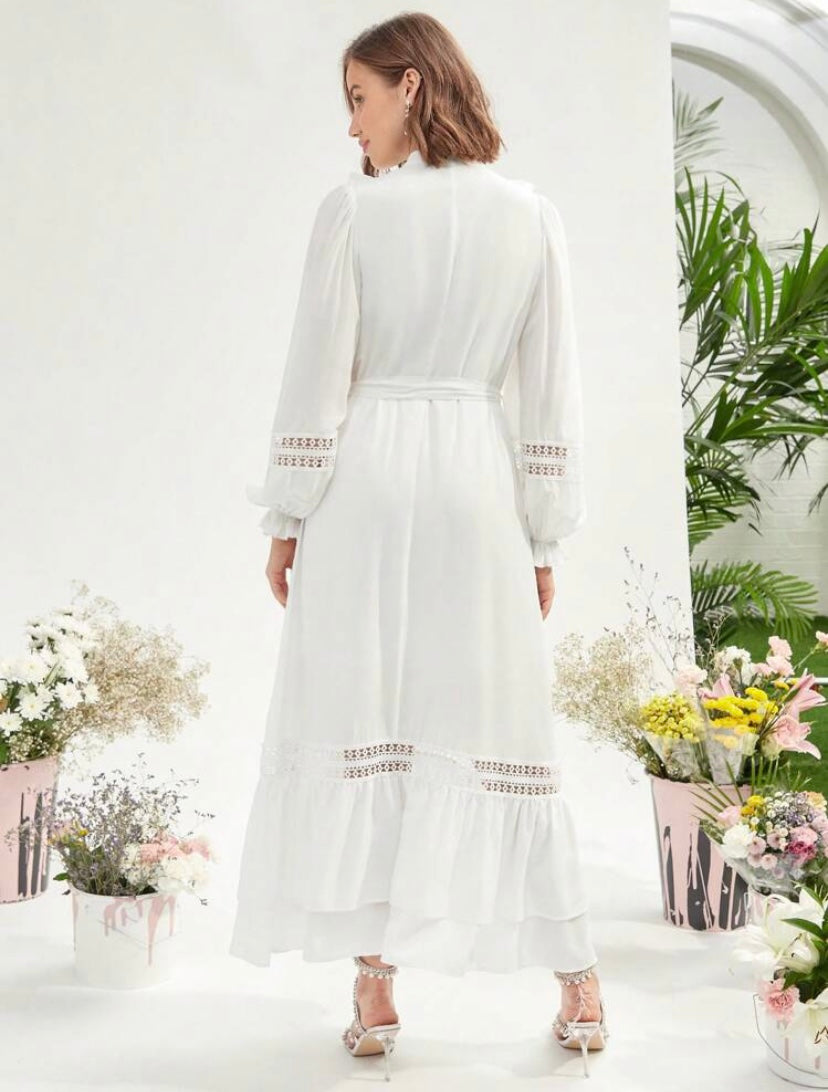 CM-DS130431 Women Elegant Seoul Style Contrast Lace Ruffle Trim Belted Ruffle Hem Dress