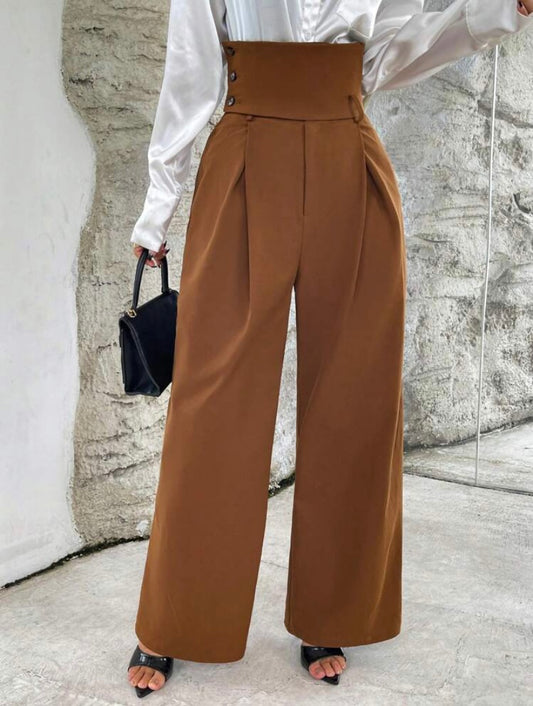 CM-BS052776 Women Elegant Seoul Style High Waist Plicated Detail Wide Leg Pants
