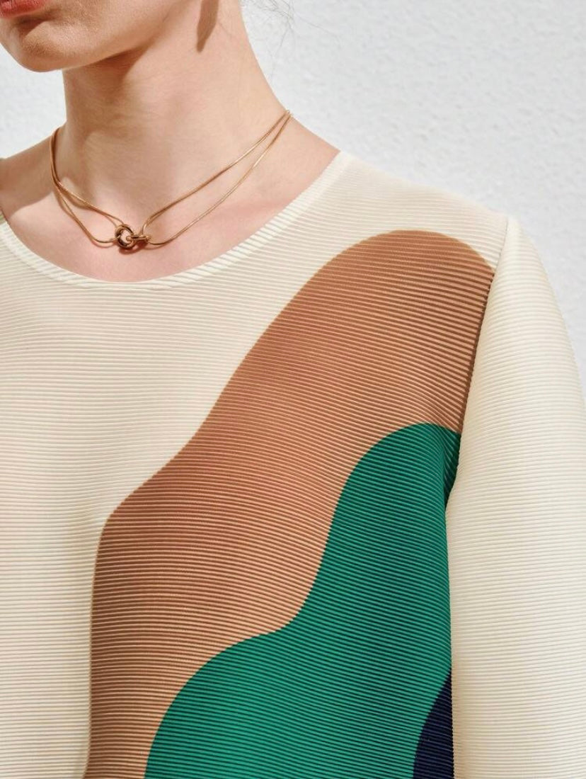 CM-TS359952 Women Casual Seoul Style Colorblock Round Neck Half Sleeve Tee