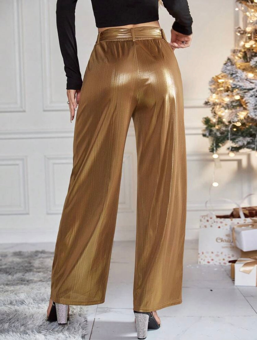 CM-BS988813 Women Elegant Seoul Style High Waist Belted Metallic Wide Leg Pants - Gold