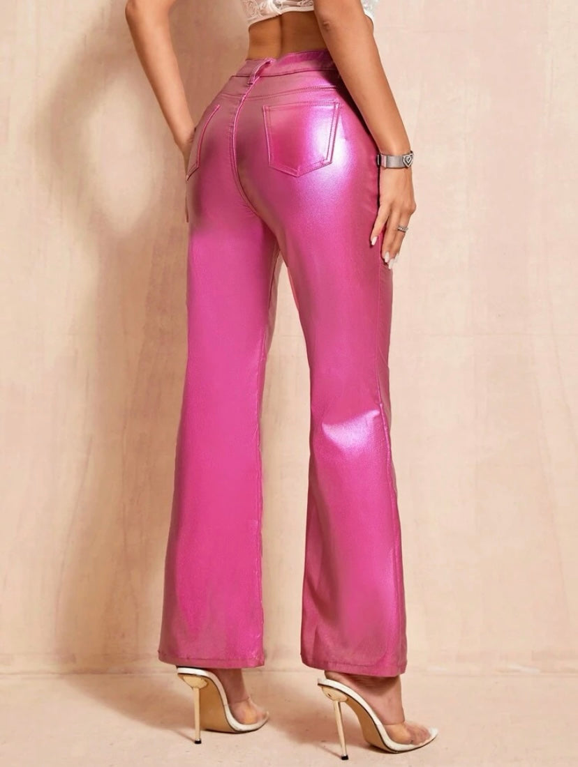 CM-BS381703 Women Casual Seoul Style High Waist Flare Leg Metallic Flare Leg Jeans - Pink