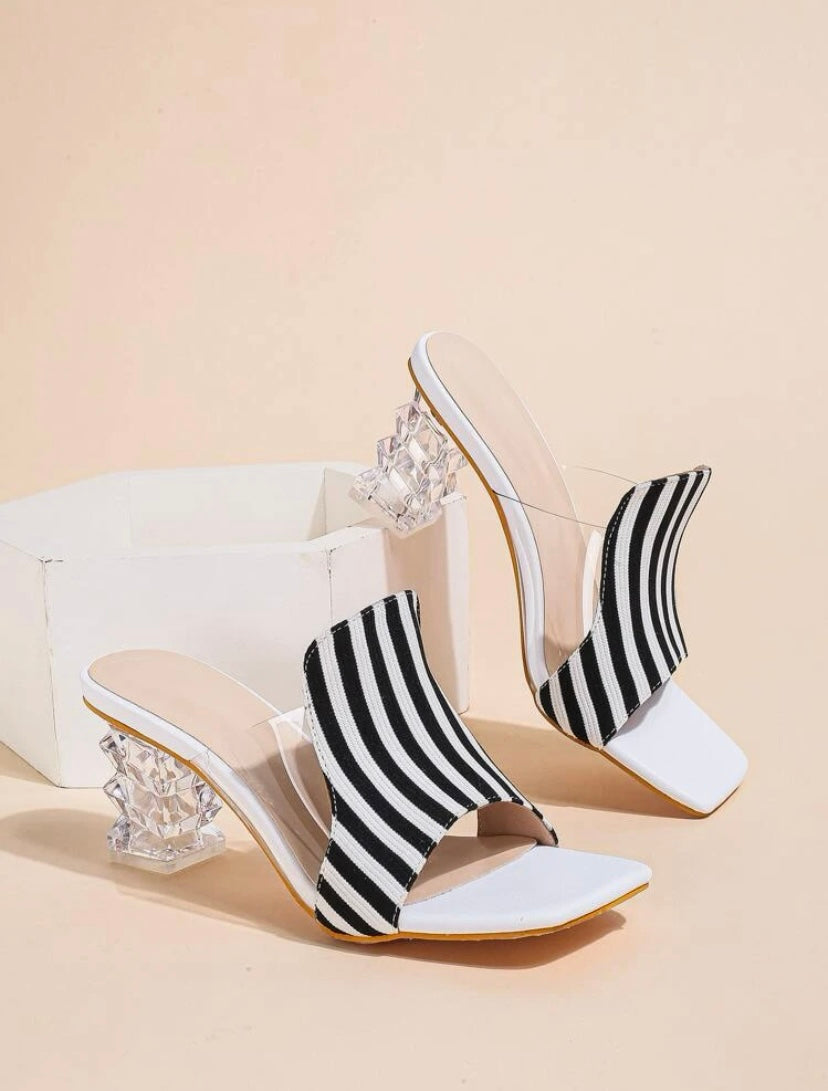 CM-SHS111611 Women Casual Seoul Style Striped Pattern Sculptural Heeled Mule Sandals