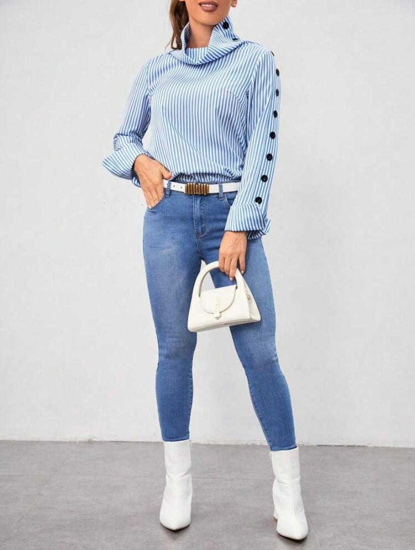 CM-TS363791 Women Casual Seoul Style Striped Print Button Detail High Neck Blouse