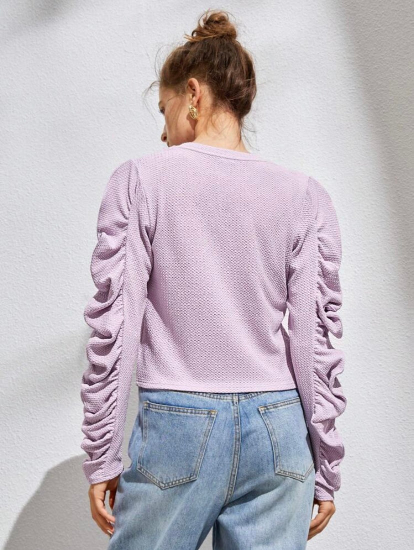 CM-TS667371 Women Casual Seoul Style Round Neck Ruched Puff Sleeve Tee - Mauve Purple
