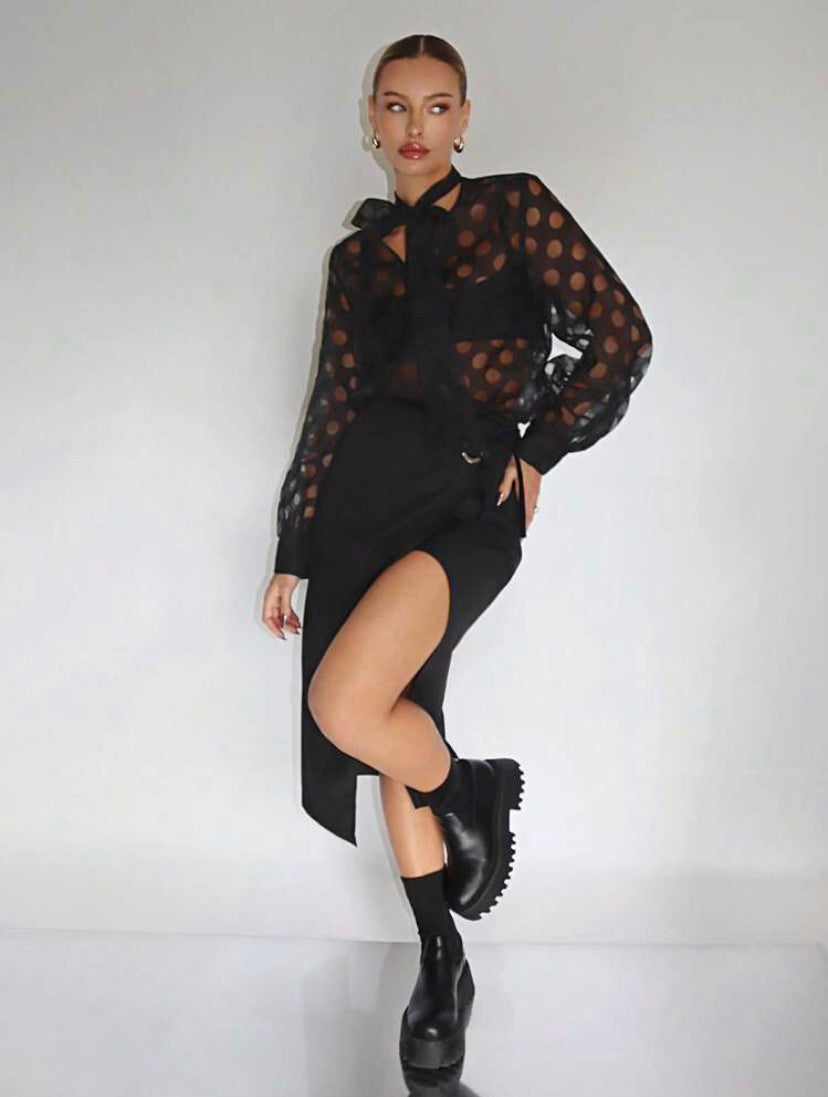 CM-TS948826 Women Elegant Seoul Style Tie Neck Lantern Sleeve Blouse - Black
