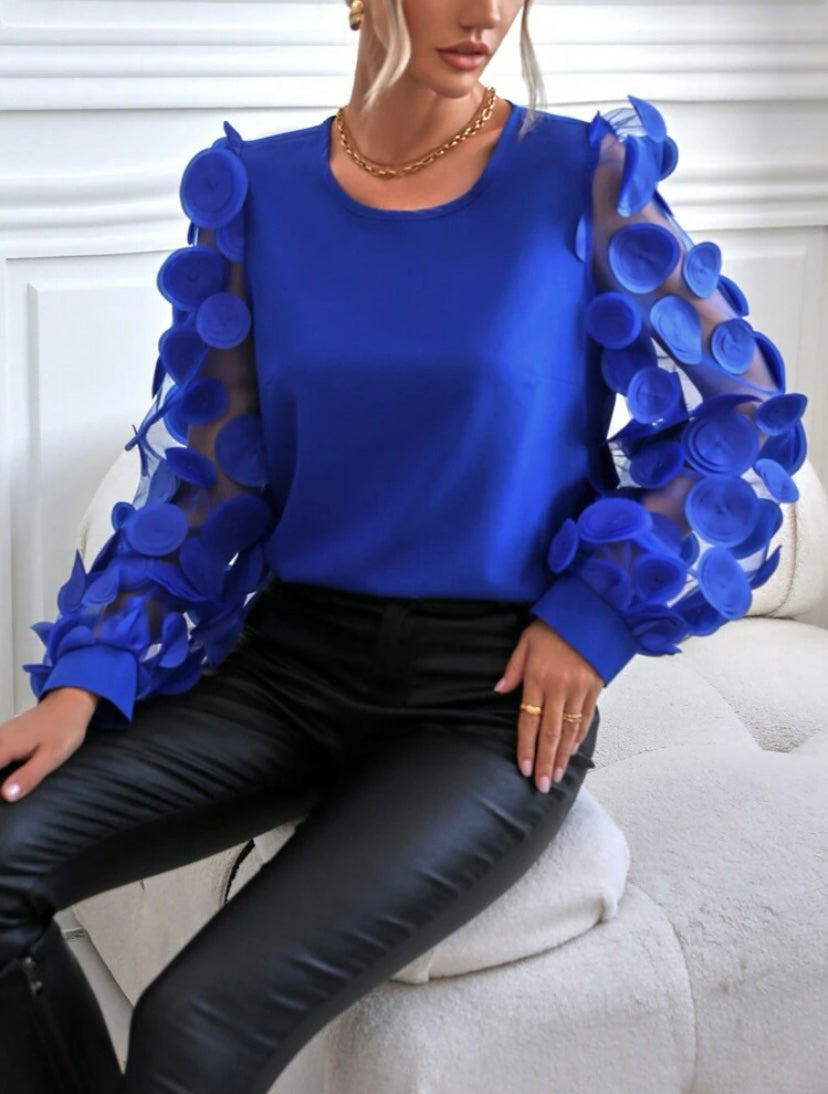 CM-TS471091 Women Casual Seoul Style Contrast Mesh Appliques Lantern Sleeve Blouse - Royal Blue