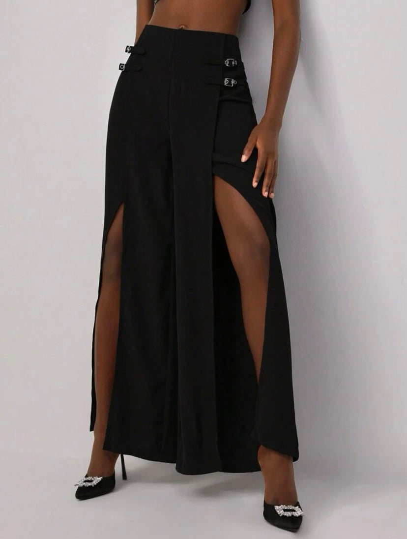 CM-BS514966 Women Elegant Seoul Style Split Thigh Wide Leg Pants - Black