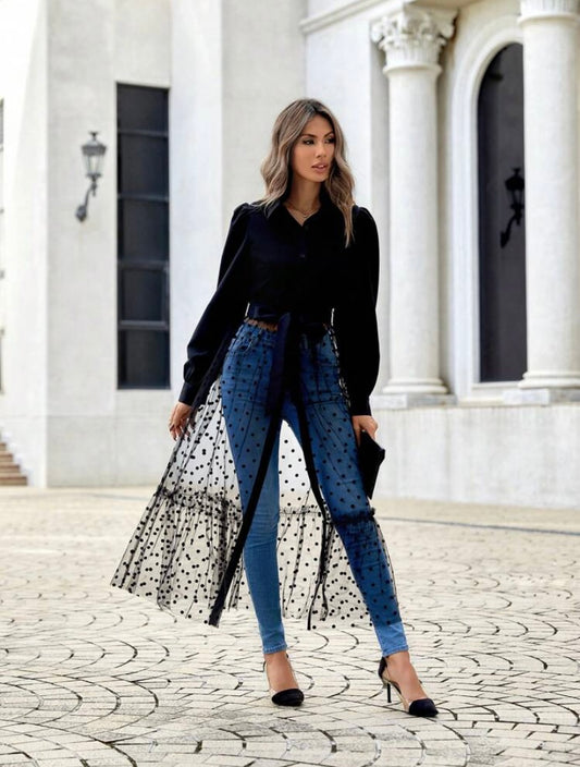 CM-TS556510 Women Trendy Bohemian Style Polka Dot Flocked Mesh Hem Belted Shirt - Black