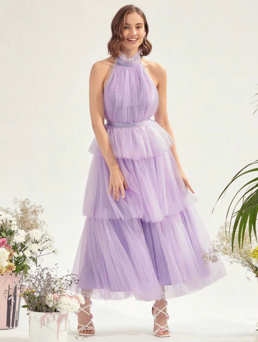 CM-DS328536 Women Elegant Seoul Style Tie Backless Layer Hem Mesh Overlay Halter Neck Dress