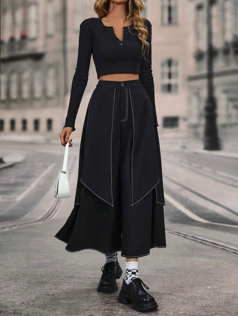 CM-BS124424 Women Elegant Seoul Style Contrast Piping Wide Leg Pants - Black