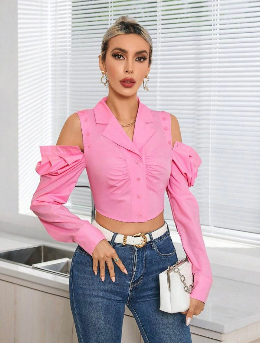 CM-TS266716 Women Casual Seoul Style Lapel Neck Ruched Bust Crop Blouse - Pink
