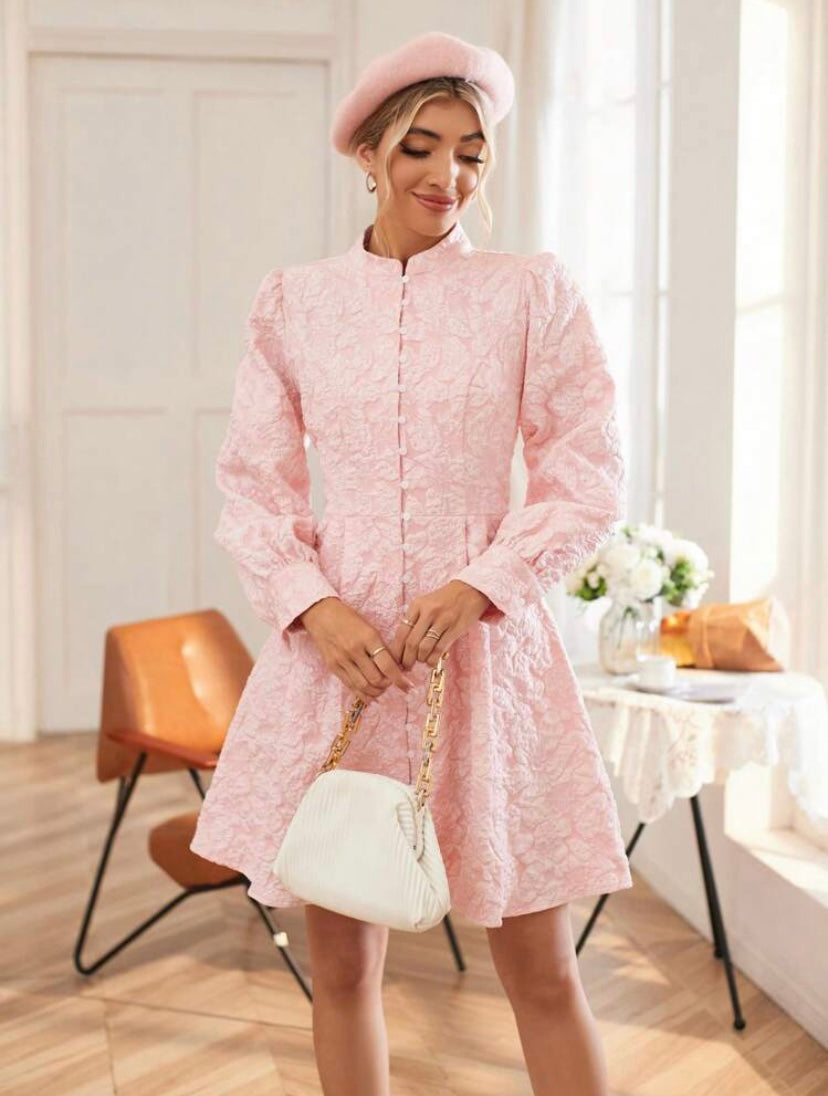 CM-DS779971 Women Elegant Seoul Style Jacquard Mock Neck Lantern Sleeve Ruffle Hem Dress