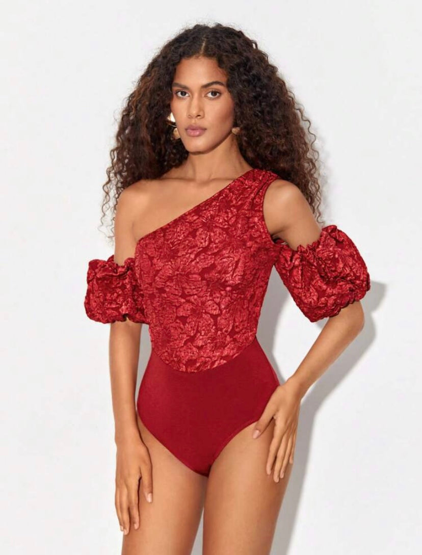 CM-TS749424 Women Elegant Seoul Style Asymmetrical Neck Puff Sleeve Jacquard Bodysuit