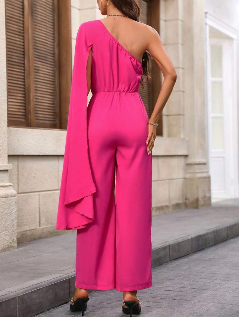 CM-JS749476 Women Elegant Seoul Style One Shoulder Cloak Sleeve Jumpsuit - Hot Pink