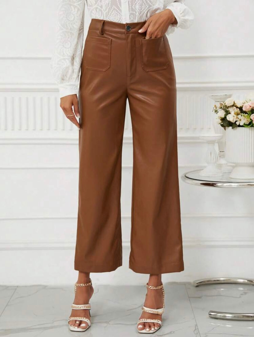 CM-BS505095 Women Casual Seoul Style High Waist PU Leather Wide Leg Pants - Brown