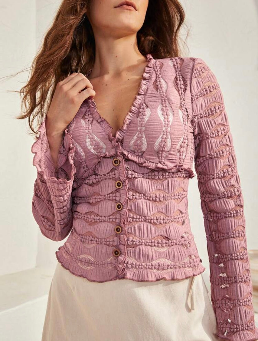 CM-TS571269 Women Casual Seoul Style V-Neck Long Sleeve Frill Trim Button Front Top