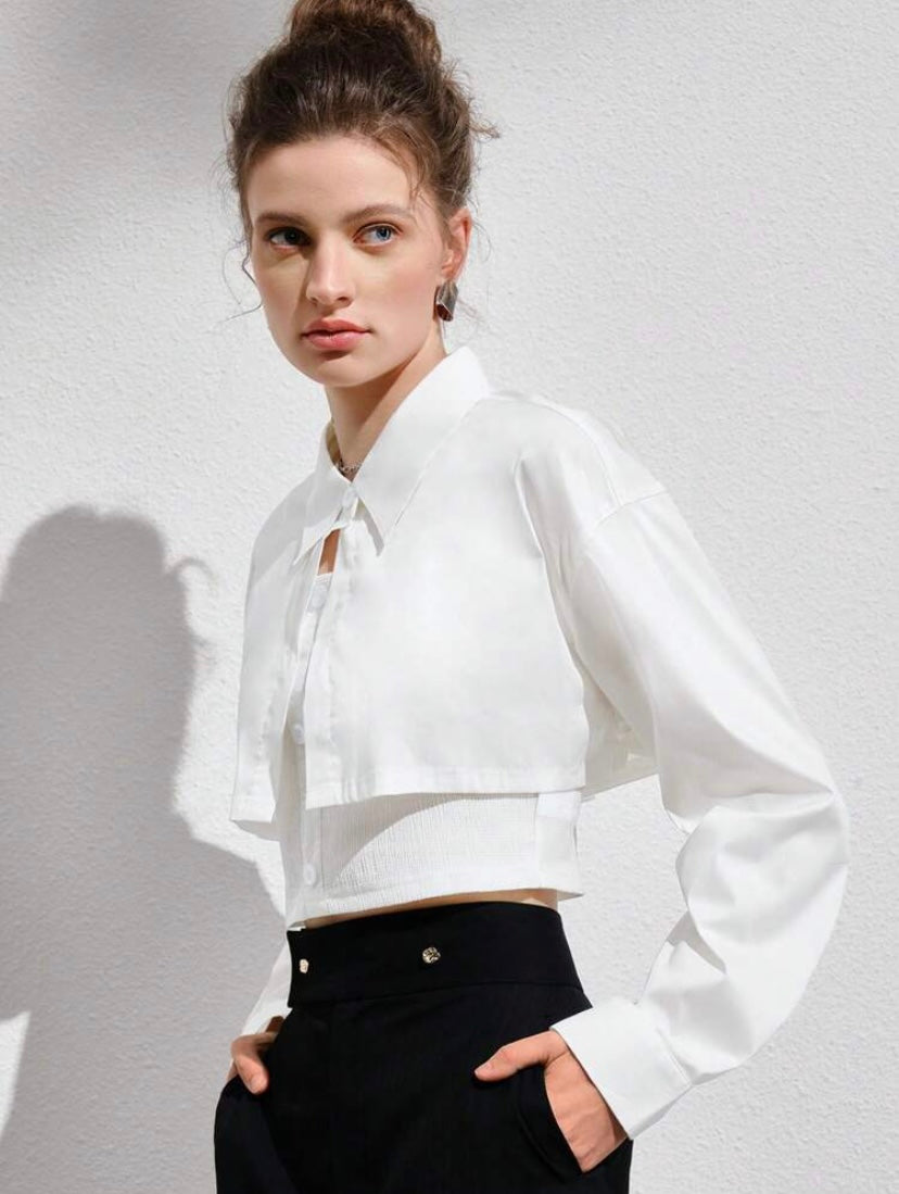 CM-TS834952 Women Elegant Seoul Style Solid Drop Shoulder Crop Top With Cami Top