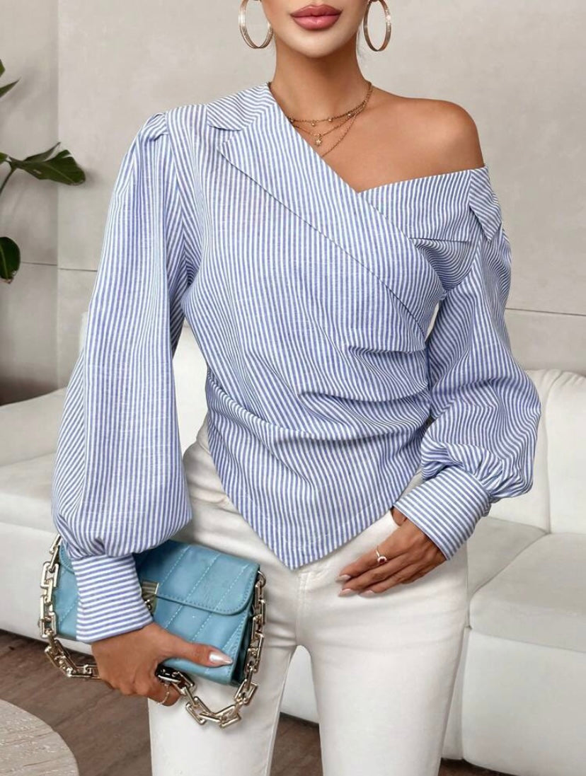 CM-TS740390 Women Casual Seoul Style Asymmetrical Neck Lantern Sleeve Ruched Hem Blouse