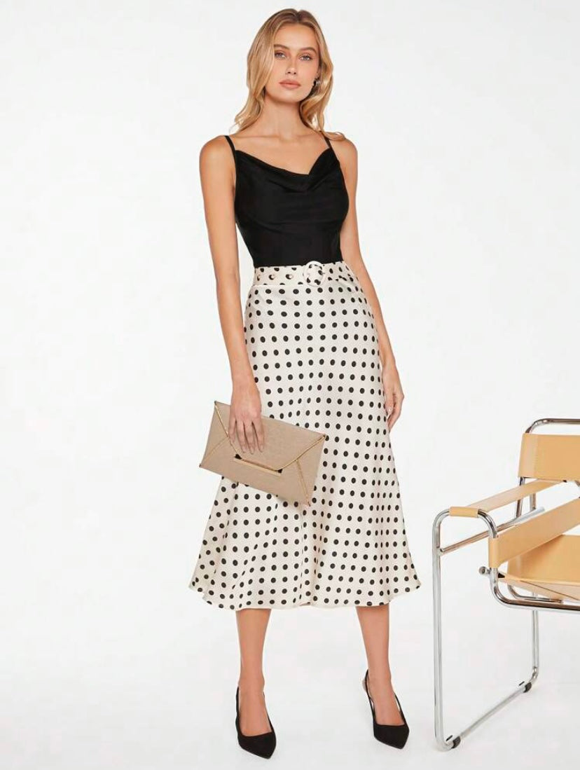 CM-BS744044 Women Elegant Seoul Style High Waist Polka Dot Print Belted Skirt