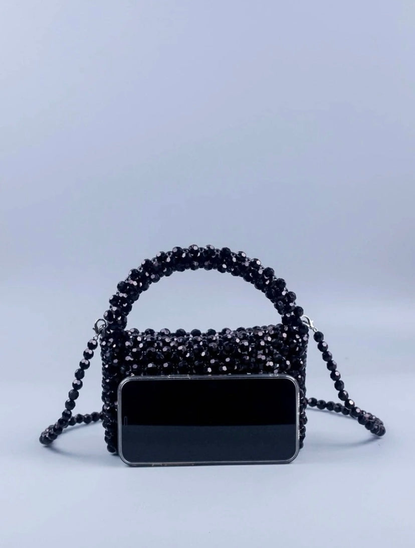 CM-BGS163585 Women Trendy Seoul Style Mini Beaded Satchel Bag Top Handle - Black