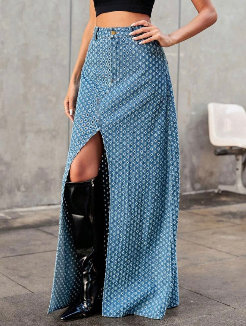 CM-BS340582 Women Preppy Seoul Style Medium Wash Full Printed High Slit Denim Midi Skirt