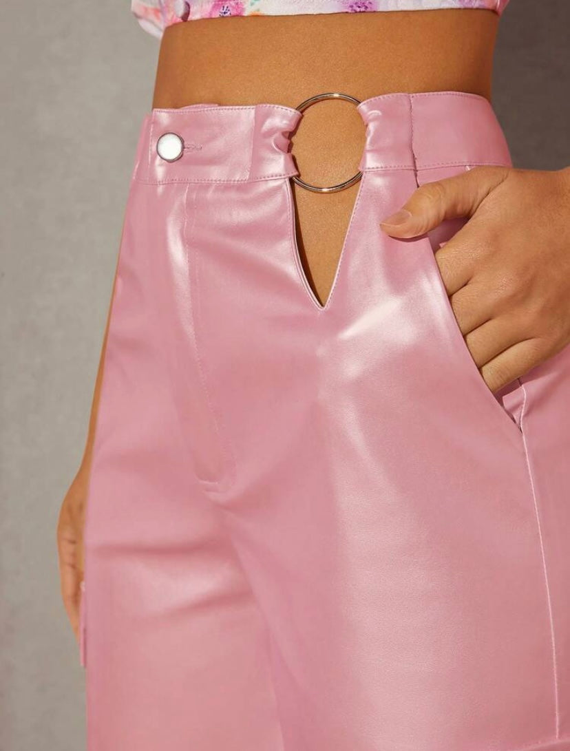 CM-BS335209 Women Casual Seoul Style Cut Out Waist Flap Pocket Side PU Leather Wide Leg Pants