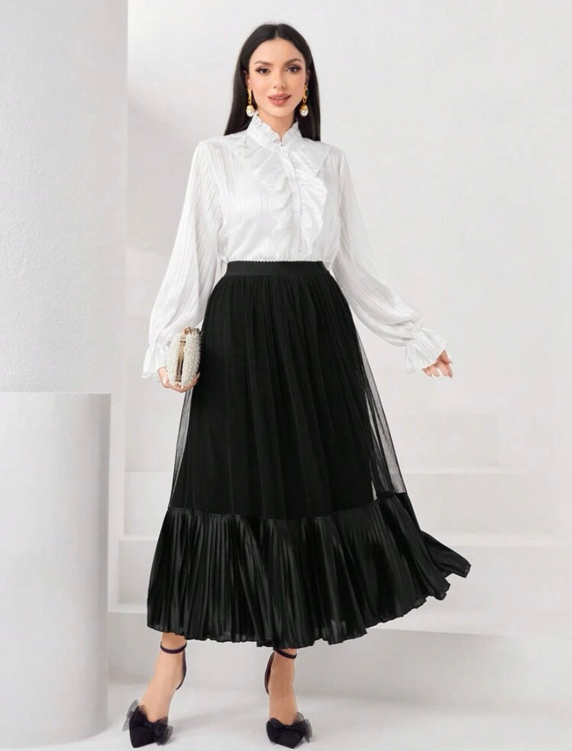 CM-BS610171 Women Elegant Seoul Style High Waist Ruffle Hem Mesh Skirt - Black