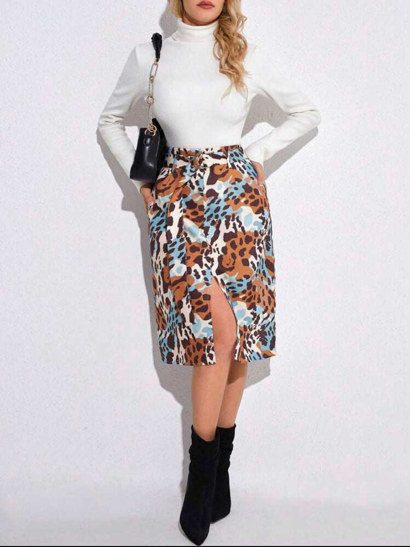 CM-BS512521 Women Causal Seoul Style High Waist Allover Print Belted Skirt