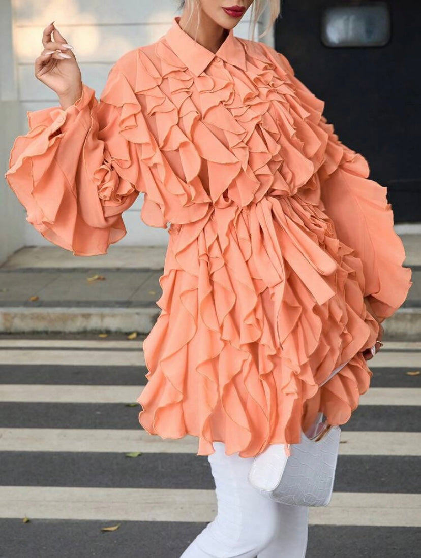 CM-TS355591 Women Casual Seoul Style Lantern Sleeve Ruffle Trim Belted Shirt