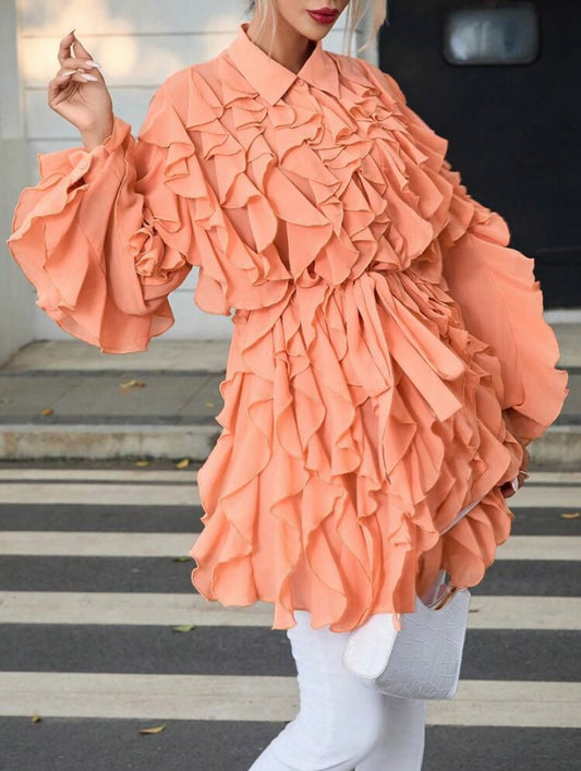 CM-TS355591 Women Casual Seoul Style Lantern Sleeve Ruffle Trim Belted Shirt