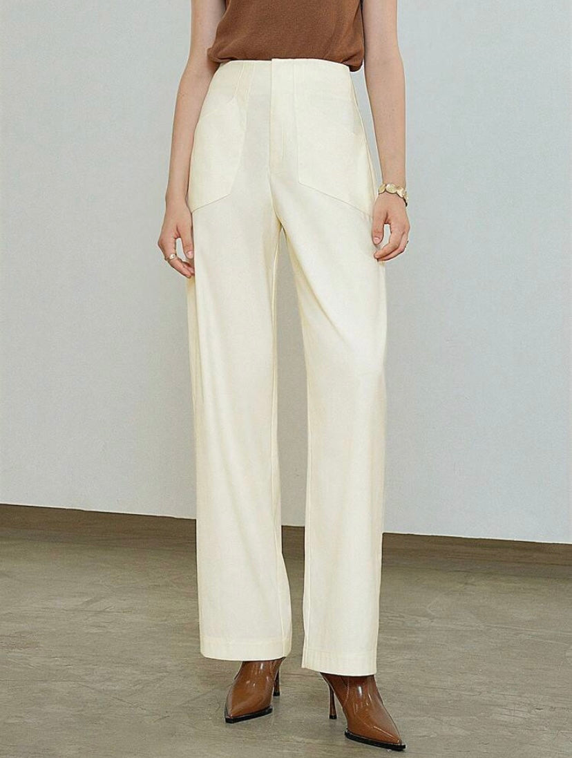 CM-BS819303 Women Casual Seoul Style Slant Pocket Straight Leg Pants - White