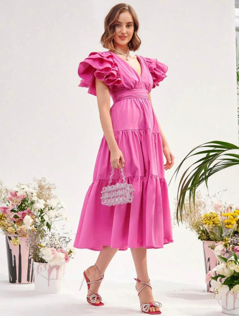 CM-DS385882 Women Elegant Seoul Style Plunging Neck Ruffle Hem Dress - Pink
