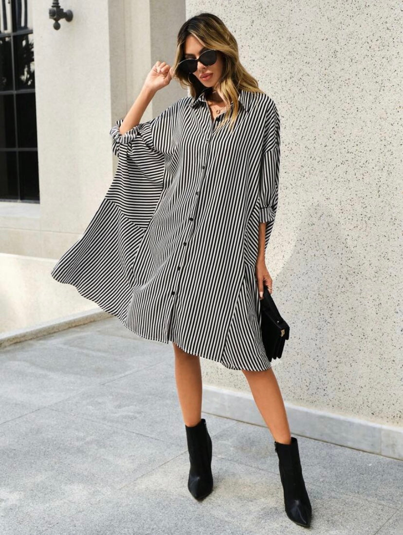 CM-DS664566 Women Casual Seoul Style Striped Print Roll Up Sleeve Button Front Shirt Dress