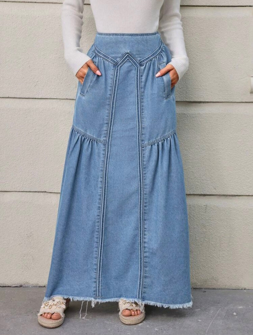 CM-BS098282 Women Casual Seoul Style Diagonal Pocket And Fringed Hem Denim Skirt - Blue