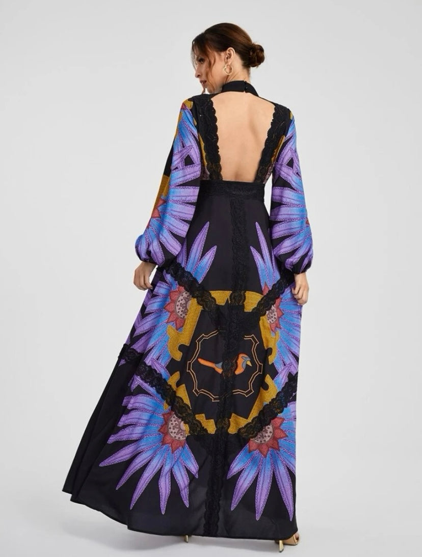 CM-DS525562 Women Elegant Seoul Style Floral Print Mock Neck Belted Dress